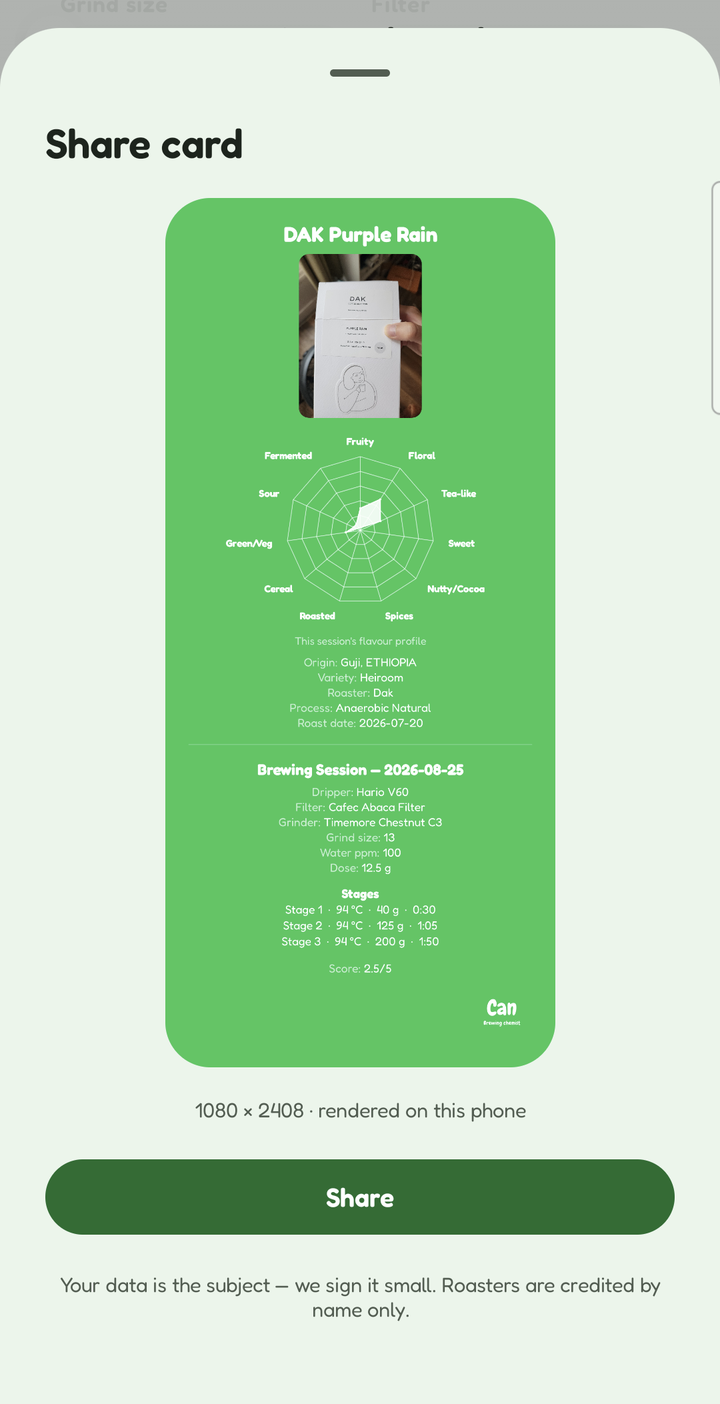 The share sheet: a preview of the green card for a DAK Purple Rain brew — photo, flavour radar, bean details, the brew's own details, three pour stages and the score — above the line reading 1080 by 2408, rendered on this phone